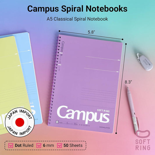 KOKUYO Spiral Lined Notebook, 5 Pack 8.3'' x 5.8'' Pastel Journal A5 Campus Soft Ring Notebooks with Dot 6 mm Ruled, 50 Sheets, 1 Subject Notebook, Note Taking for School (SU-S131BT)
