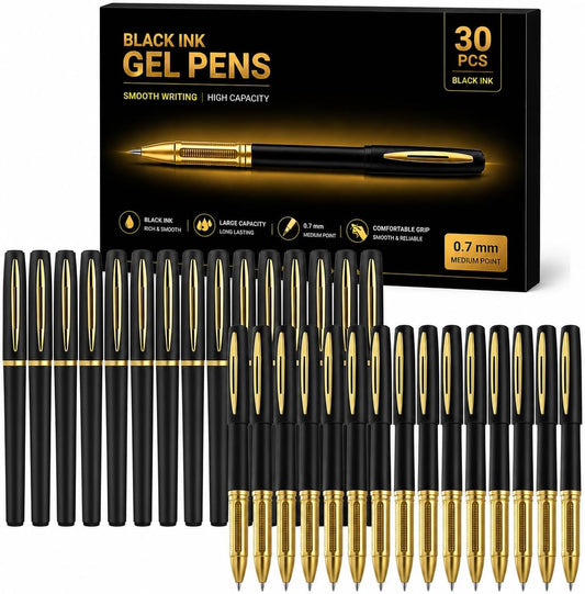 30ct Black Gel Pens 0.7mm Medium Point Smooth Writing Bulk Set