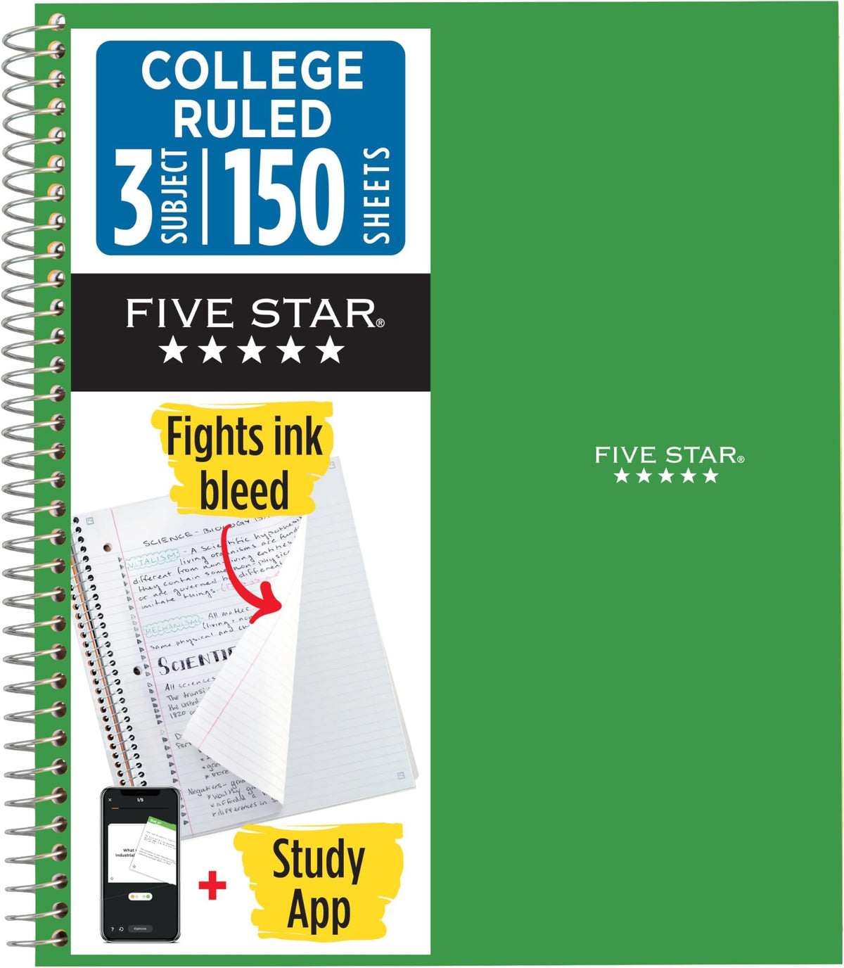Five Star Spiral Notebook + Study App, 3 Subject, College Ruled Paper, Fights Ink Bleed, Water Resistant Cover, 8-1/2" x 11", 150 Sheets, Black (72069)