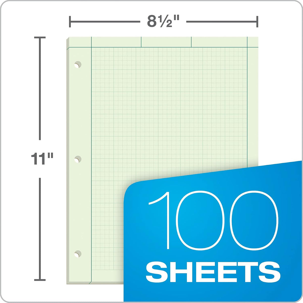 TOPS Engineering Notebooks, Graph Notebooks, 3 Pk Quad Ruled Pad, 8-1/2" x 11", Glue Top, 5 x 5 Graph Rule on Back, Green Tint Paper, 3-Hole Punched, 100 Sheets per Pad (35507A)