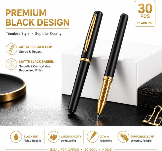 30ct Black Gel Pens 0.7mm Medium Point Smooth Writing Bulk Set