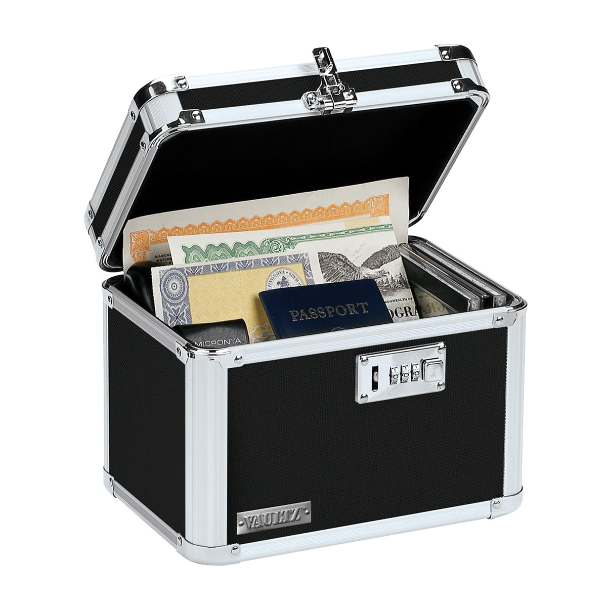 Vaultz Secure Security Lock Boxes - Safe Combination Lock Box, Storage for Documents, Valuables, Medicine & Money - 9.88 x 7.75 x 7 Inch - Black/Chrome