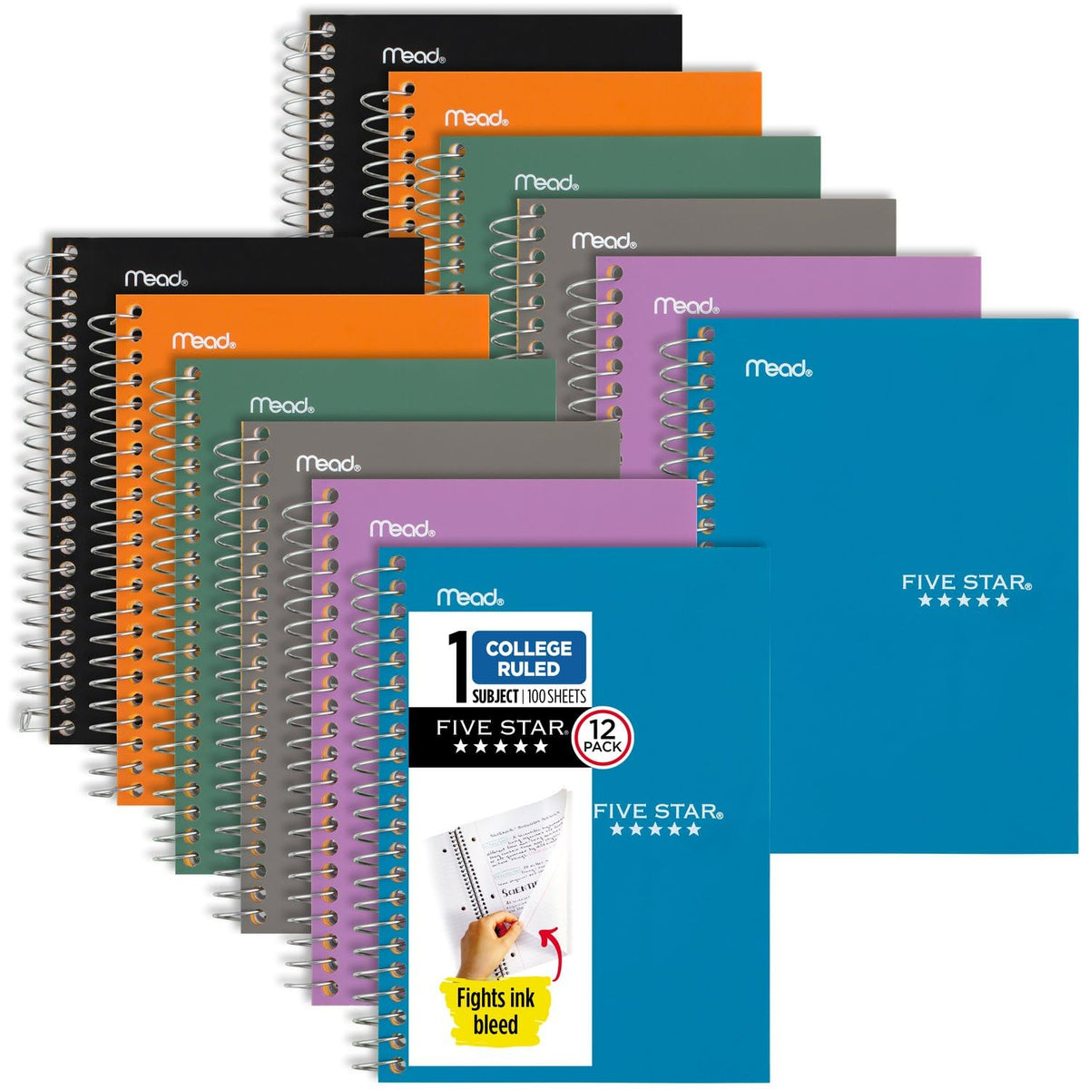 Five Star Spiral Notebooks, 6 Pack, 1 Subject, College Ruled Paper, 7" x 4-3/8", Personal Size, 80 Sheets, Purple, Orange, Green, Blue, Gray, Black (450048A-ECM)