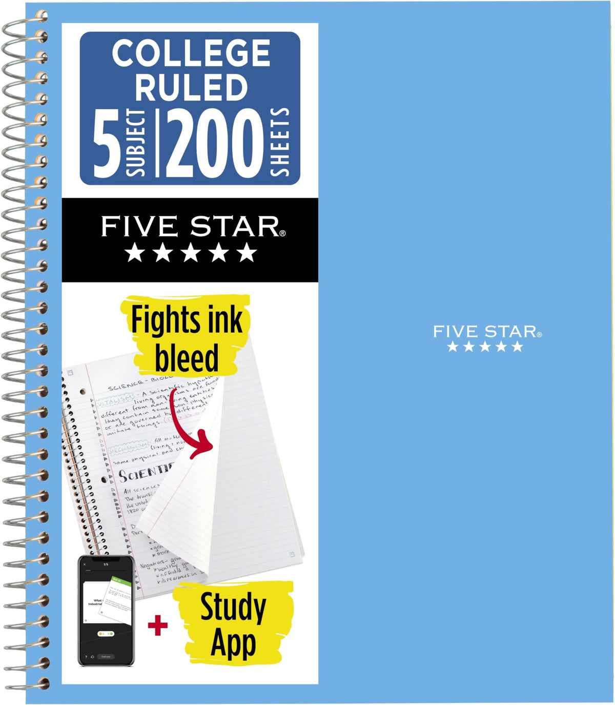 Five Star Spiral Notebook + Study App, 5 Subject, College Ruled Paper, 8.5" x 11", 200 Sheets, Green (Color May Vary) (72079)