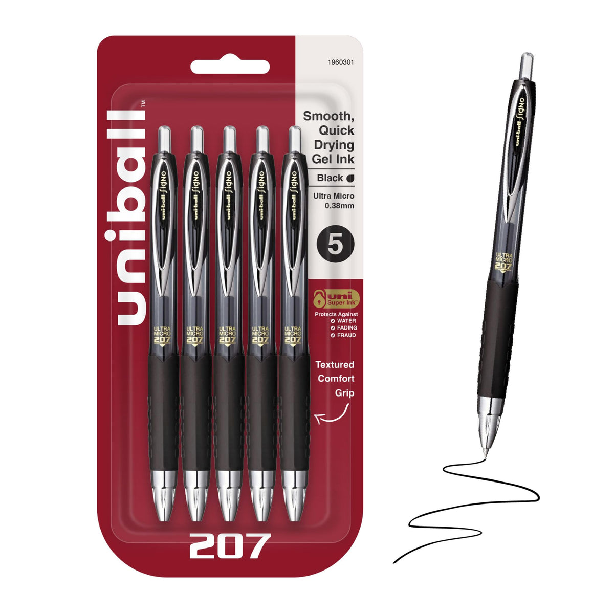 uniball™ 207 Gel Pens, Black Ink, 0.7mm Medium Point, Retractable, 4 Count