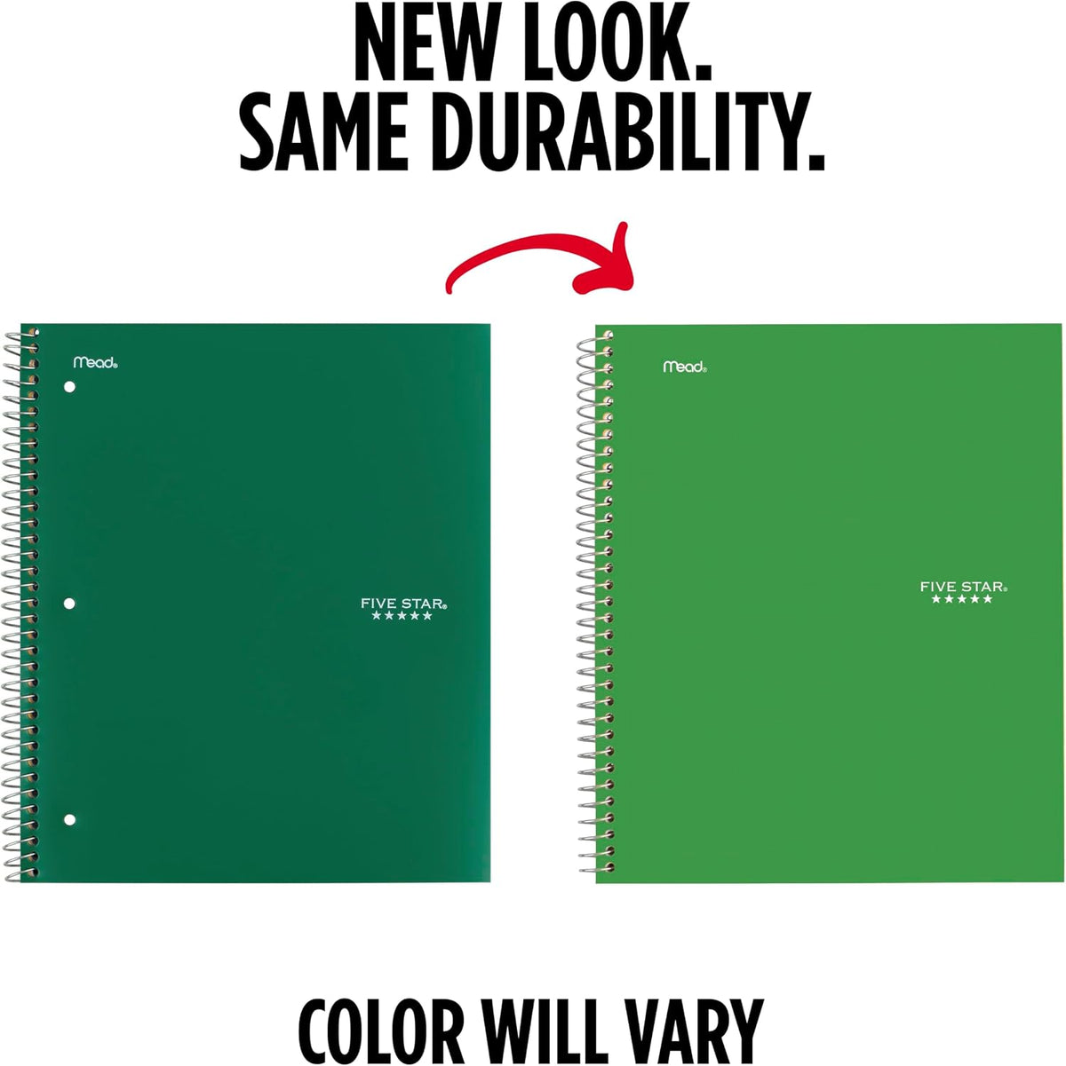 Five Star Spiral Notebook + Study App, 5 Subject, College Ruled Paper, 8.5" x 11", 200 Sheets, Green (Color May Vary) (72079)