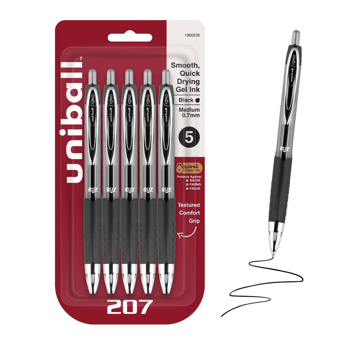 uniball™ 207 Gel Pens, Black Ink, 0.7mm Medium Point, Retractable, 4 Count