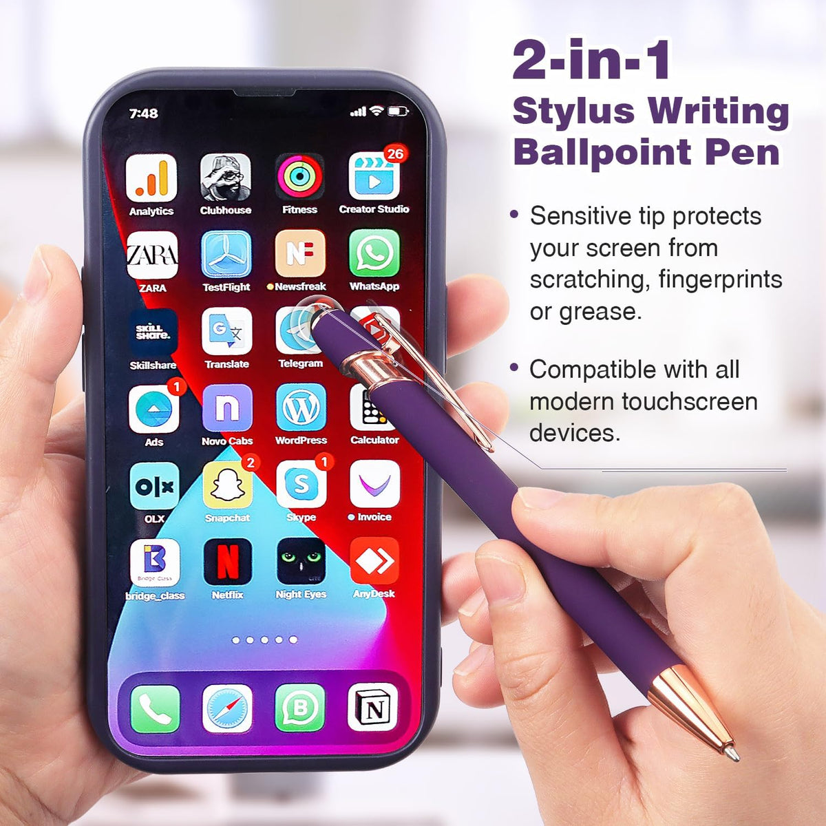 6 Pack Ballpoint Pen 2-in-1 Pen with Stylus tip, 1.0 mm Black Ink