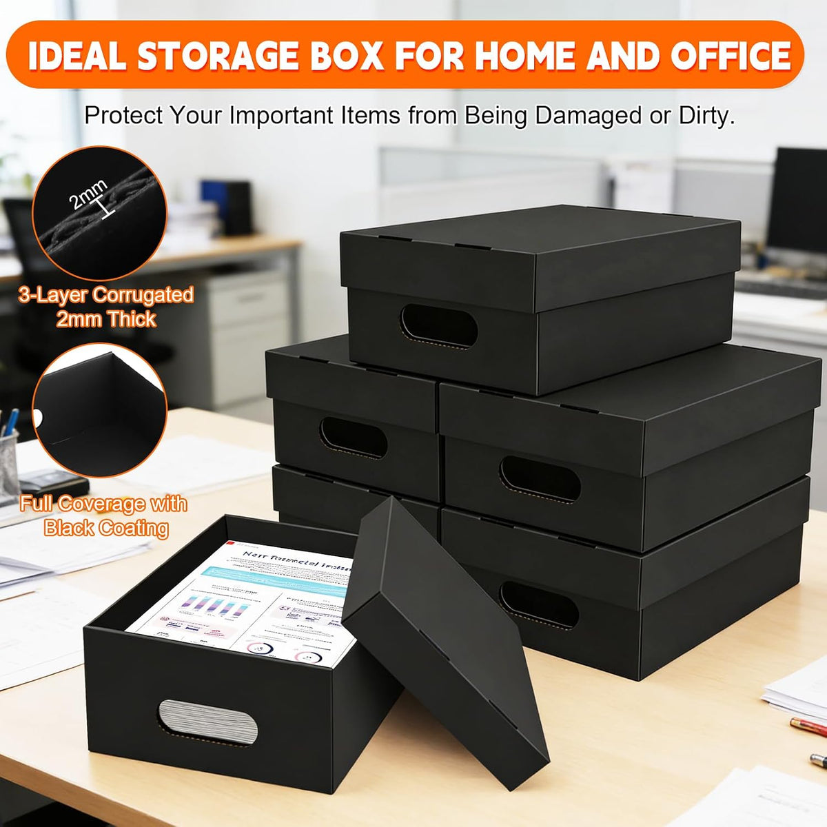 6 Pack A4 Paper Storage Box for 8.5" x 11" Letter, 11.7“ x 8.8“ x 4" Scrapbook Storage Box, Craft/Arts Storage Containers, Cardboard Photo Organizer with Lid File Box for Document, Magazine, US Letter
