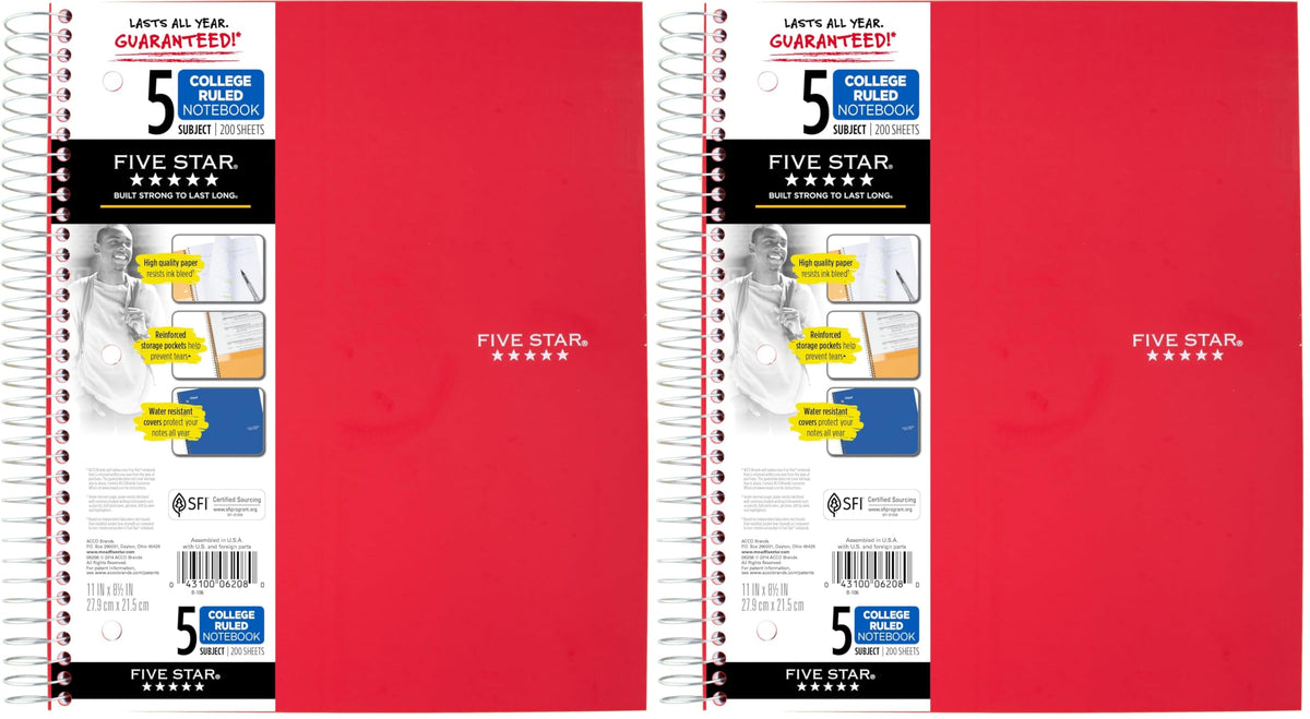 Five Star Spiral Notebook + Study App, 5 Subject, College Ruled Paper, 8-1/2" x 11", 200 Sheets, Fights Ink Bleed, Water Resistant Cover, Pacific Blue (73635)