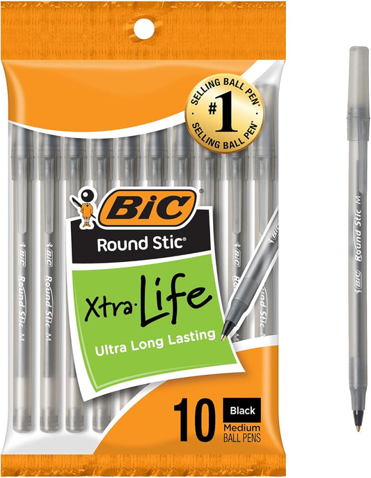 BIC Round Stic Black Ballpoint Pens, Medium Point, 1.0mm, 10-Count