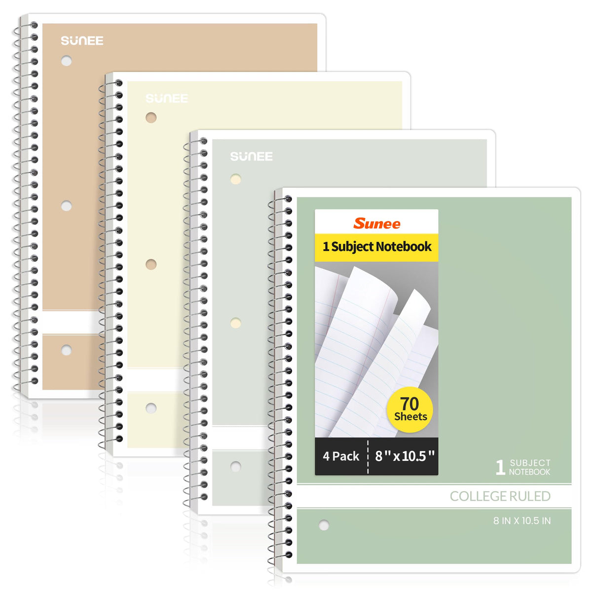 SUNEE Spiral Notebooks College Ruled, 1-Subject, 4 Pack, 8 x 10-1/2 in, 70 Sheets, 3-Hole Punched 70gsm Paper, Pastel Pink, Purple, Blue, Green for School, Home & Office, Writing Journal