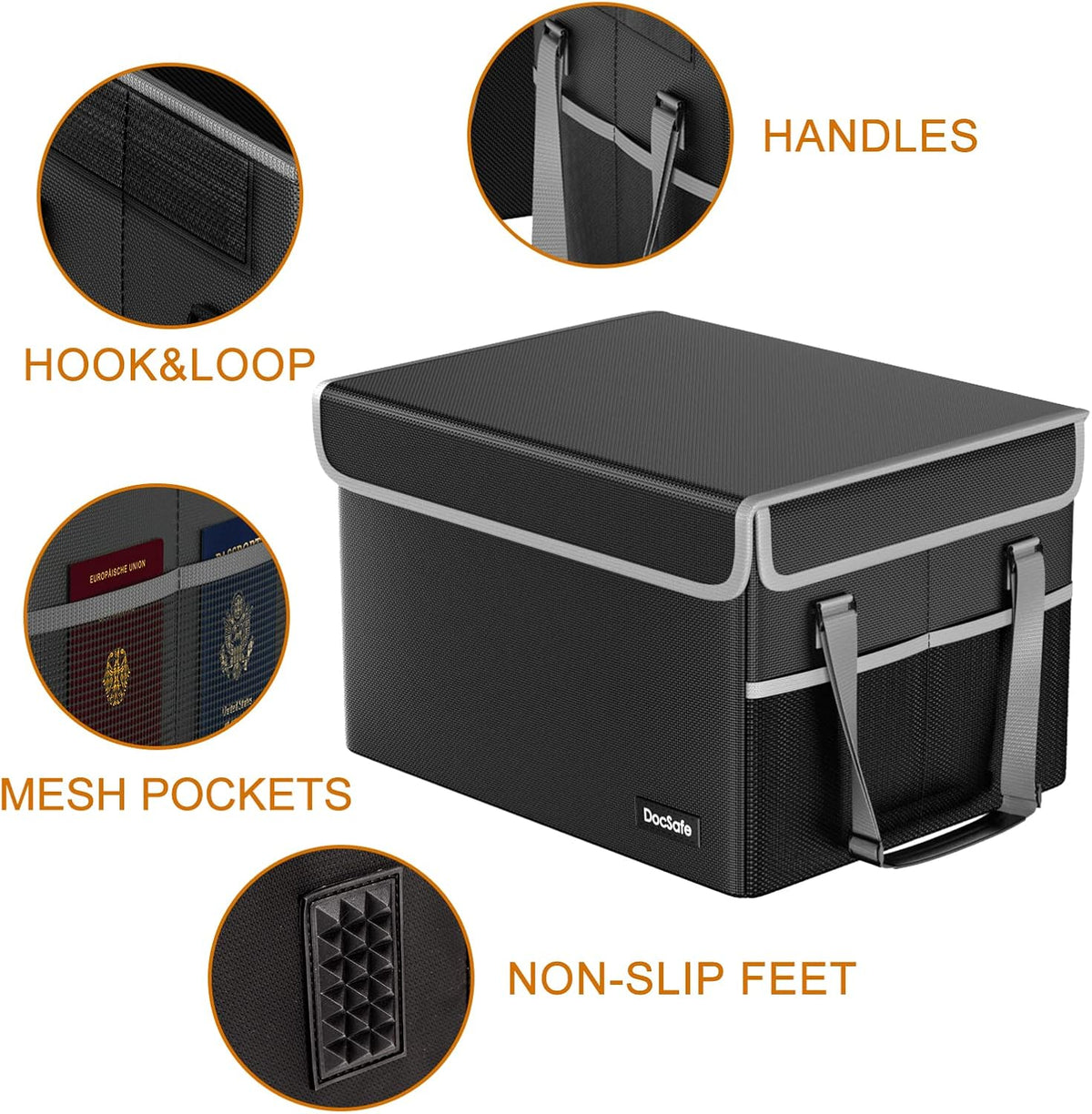 DocSafe File Box Fireproof File Storage Organizer with Lid,Collapsible Document Storage Filing Case for Hanging Letter/Legal Folders,Portable Home Office Safe Cabinet with Handle,Black