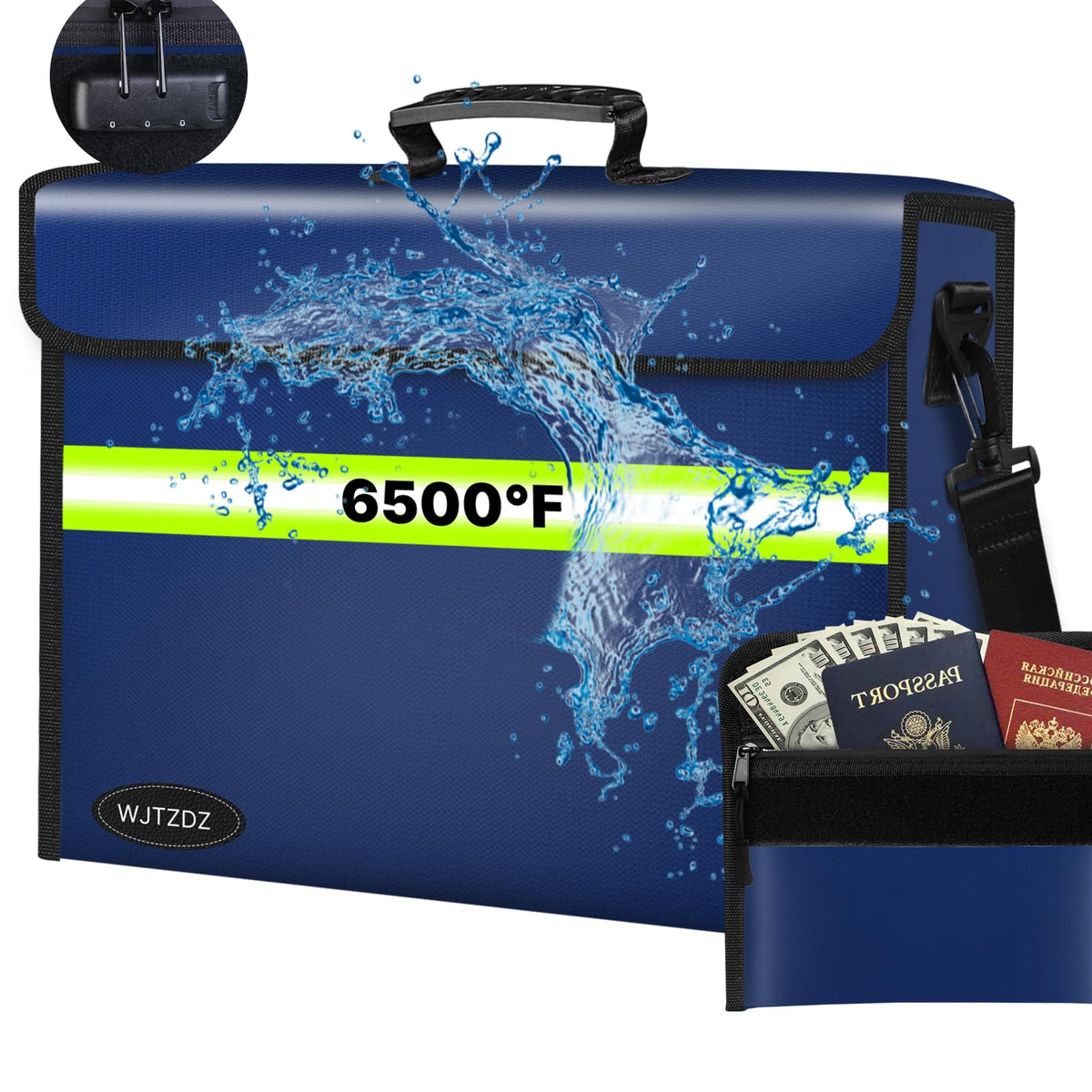 6500°F Fireproof Document Bag with Lock-Fireproof Box with 10 Layers Insulation Materials&Waterproof Zipper,Removable Wallet,Reflective Strip for Cash,Documents,Jewelry(14.2”x 9.6”x 4.1”)