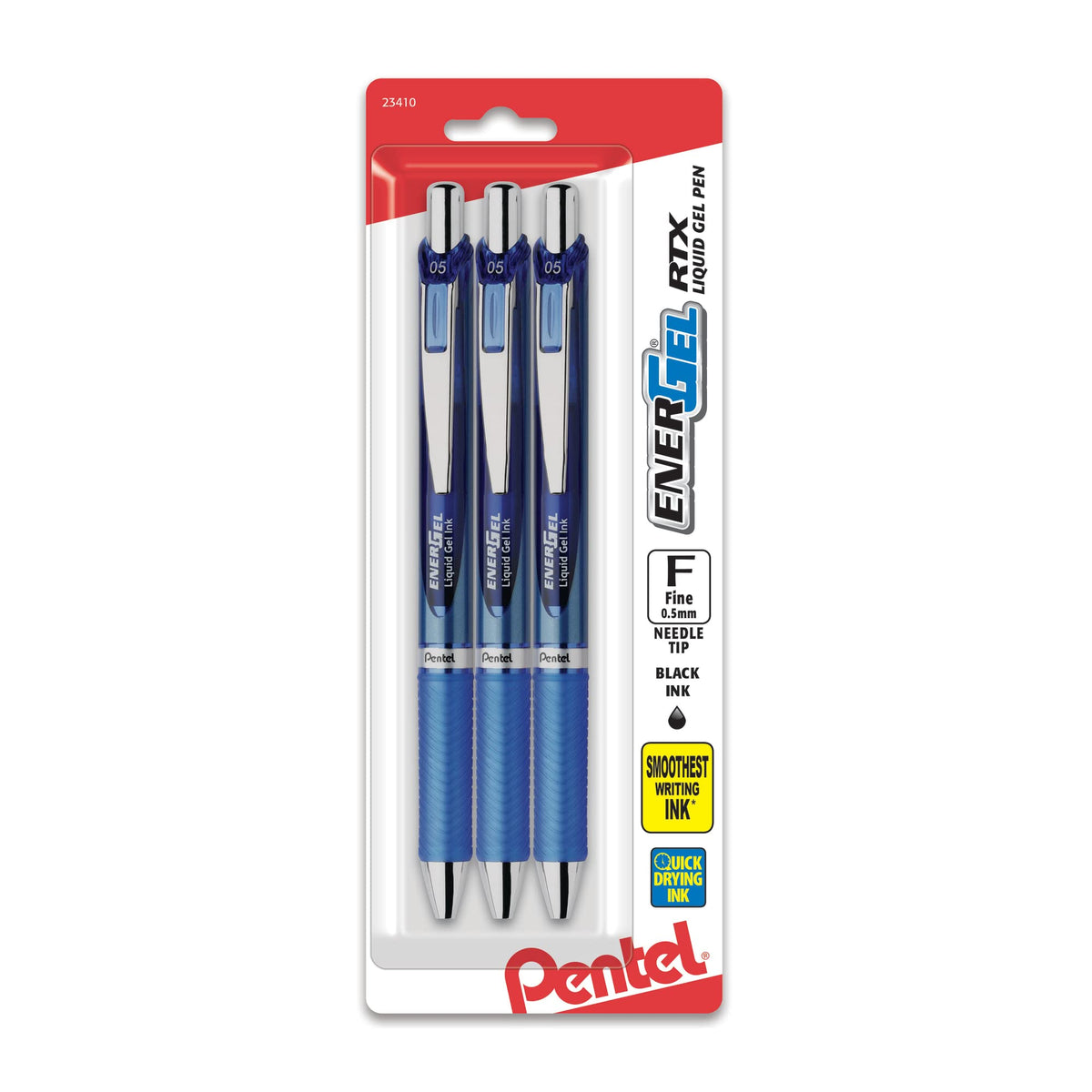 Pentel EnerGel RTX Retractable Liquid Gel Pen, (0.5mm), Fine Line, Needle Tip, Black Ink, Pack of 3 (BLN75BP3A)