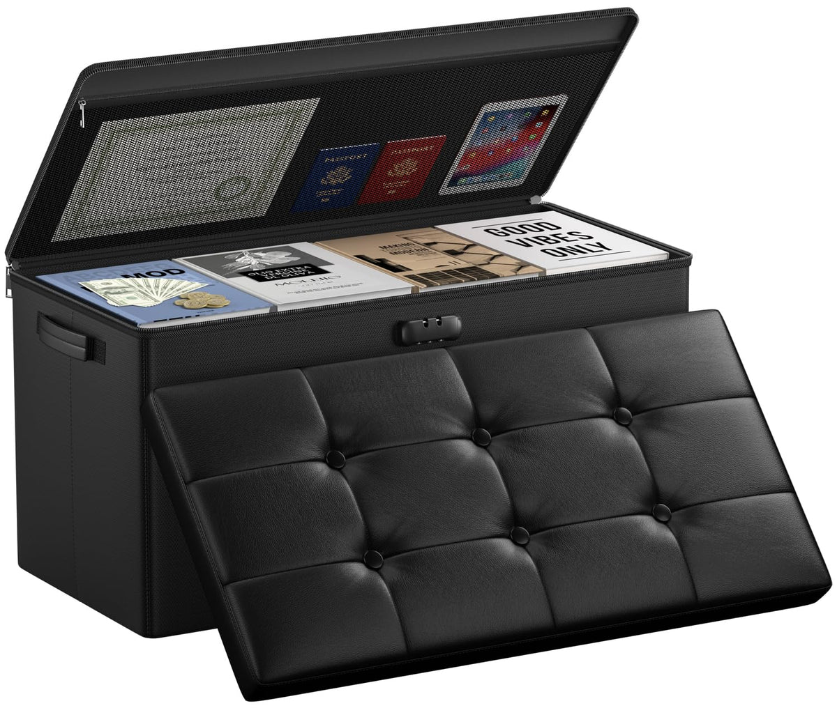 DocSafe Storage Ottoman with Lock,Fireproof Folding Ottoman Foot Rest Stool Storage Chest with Storage Safe for Important Documents,Waterproof 17 Inches Short Ottoman Foot Stool with Handles,Black