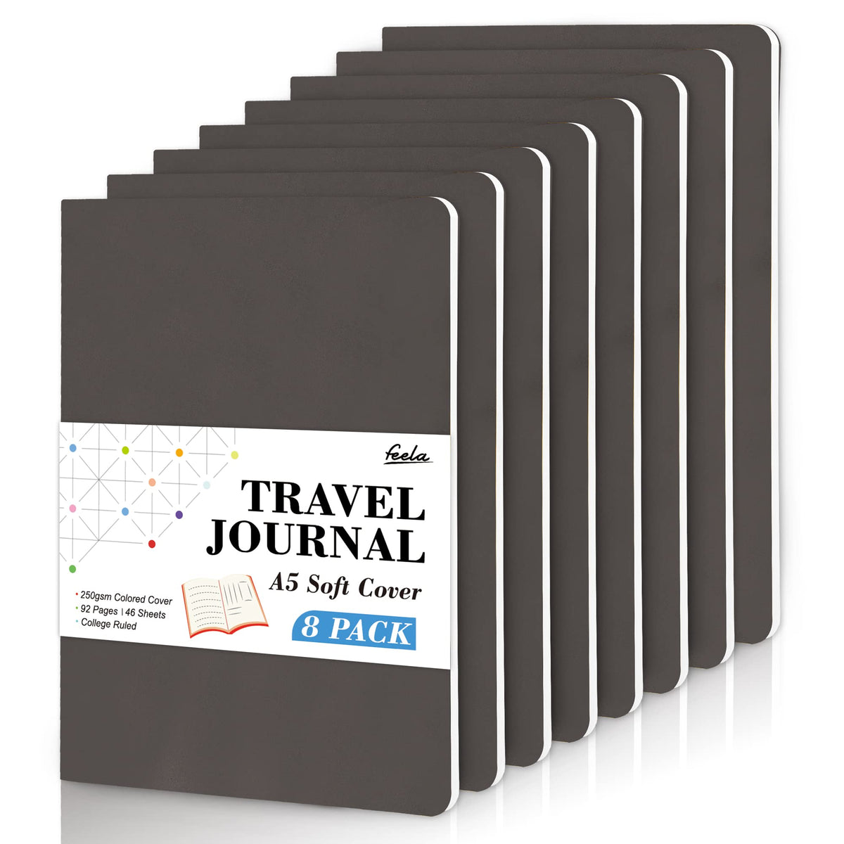 8 Pack Soft Cover Journal Bulk, Feela Notebooks College Ruled for Work, Lined Travel Journal for Women Men, Note Taking Notebook School Supplies Business Writing, 8.2” x 5.5”, A5, Black