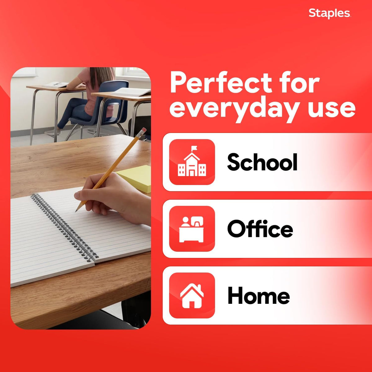 Staples 1-Subject Spiral Notebook, College Ruled, 80 Sheets, 3-Pk