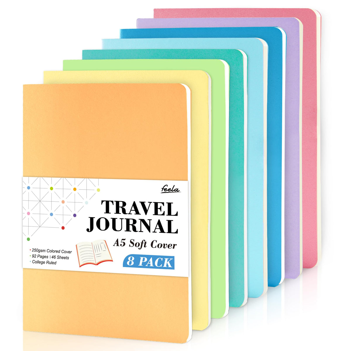 8 Pack Soft Cover Journal Bulk, Feela Notebooks College Ruled for Work, Lined Travel Journal for Women Men, Note Taking Notebook School Supplies Business Writing, 8.2” x 5.5”, A5, Black
