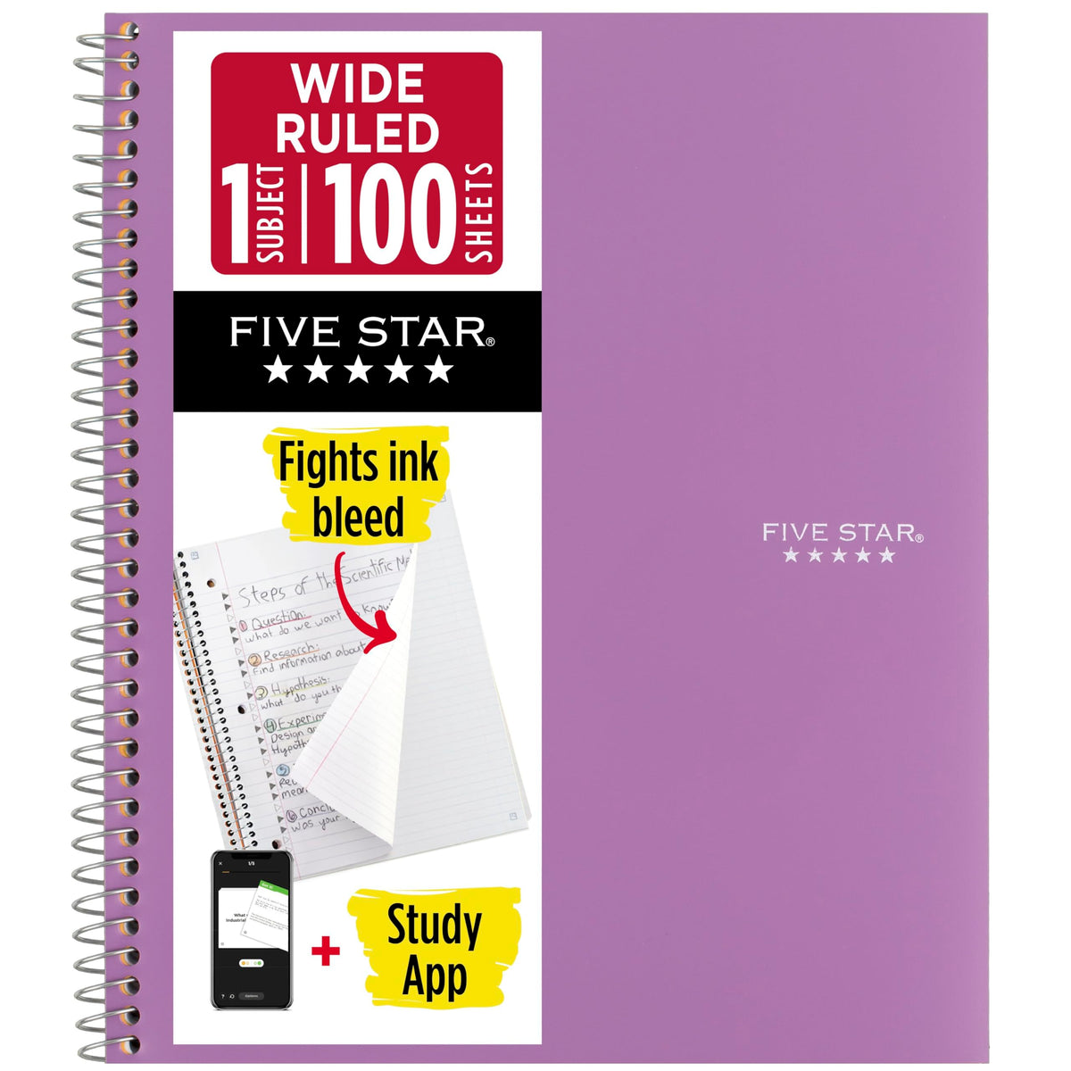 Five Star Spiral Notebook + Study App, 1 Subject, Wide Ruled Paper, 8" x 10-1/2", 100 Sheets, Fights Ink Bleed, Water Resistant Cover, Tidewater Blue (72875)