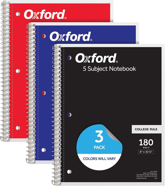 Oxford Spiral Notebooks, 3 Pack, 5 Subject, College Ruled Notebooks for School, 8 x 10.5 Inches, 180 Sheets, 4 Dividers, Assorted Colors, Back to School Supplies (65203)
