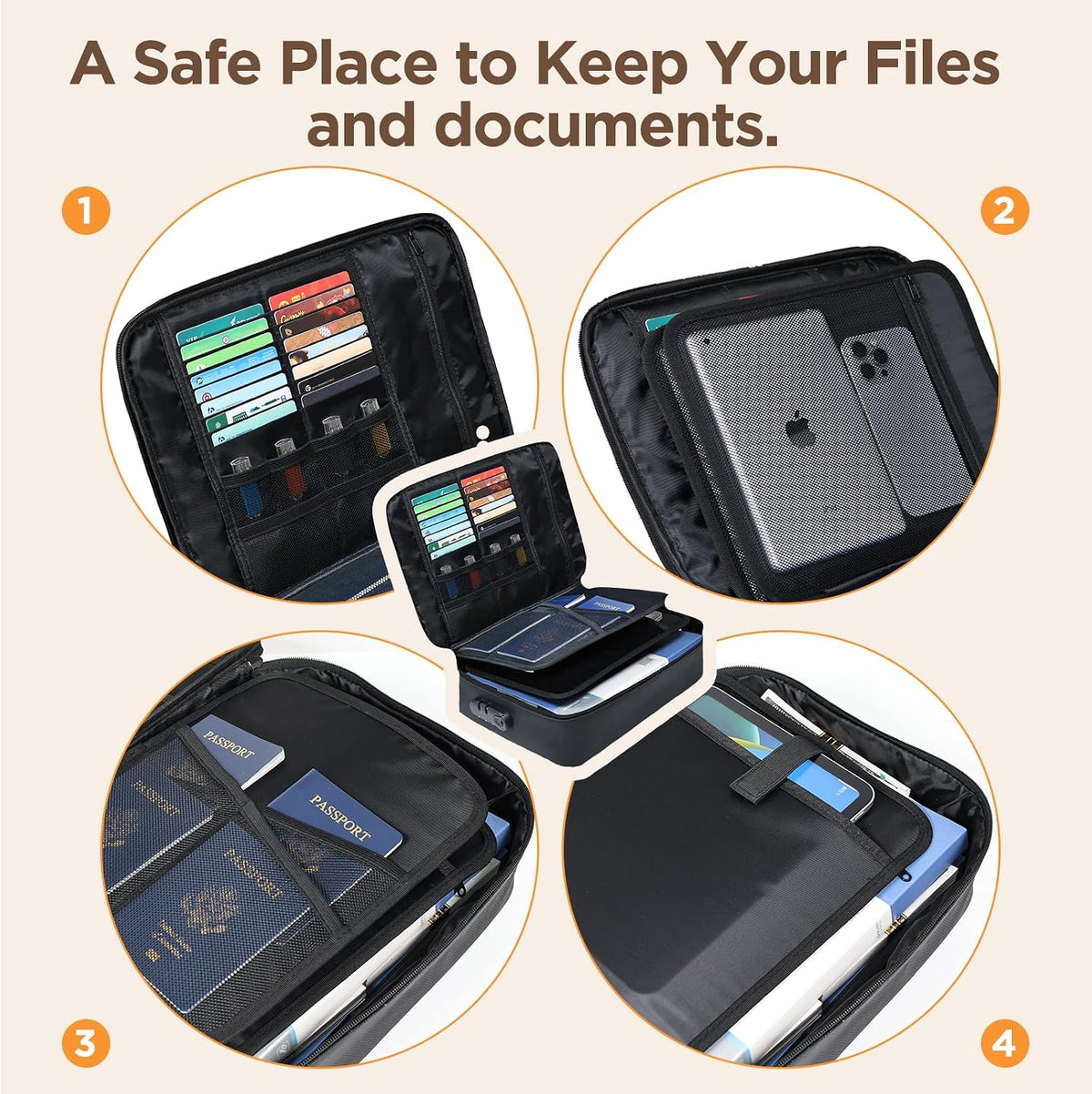 Document Bag with Lock, Fireproof File Storage Case with Water-Resistant, TENKER Organizer Box for Document, Safe Portable Travel Home Organizer for Laptop, Files, Certificates, Black(15''x11''x4'')