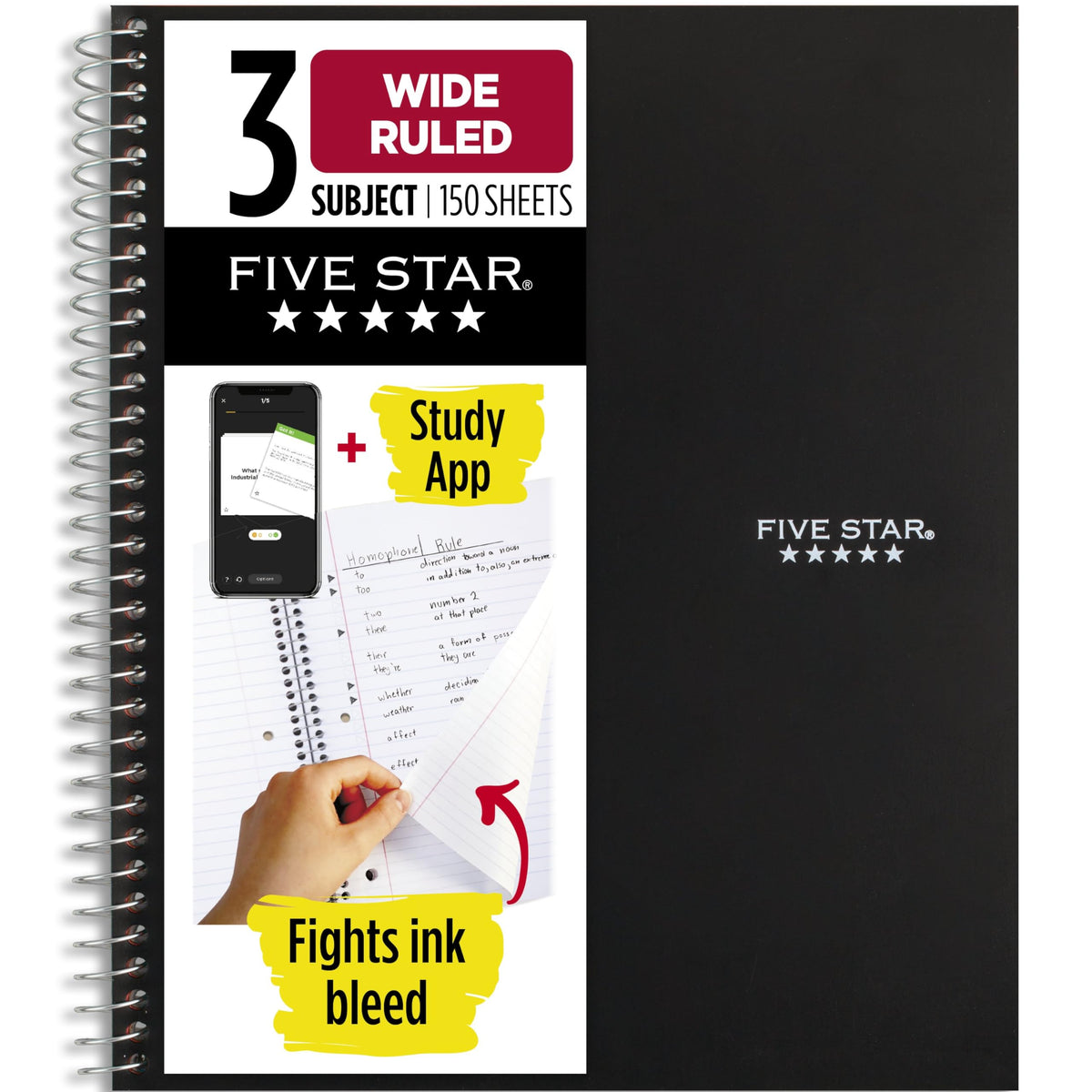 Five Star Spiral Notebook + Study App, 3 Subject, Wide Ruled Paper, 10-1/2" x 8", 150 Sheets, Red (72029)