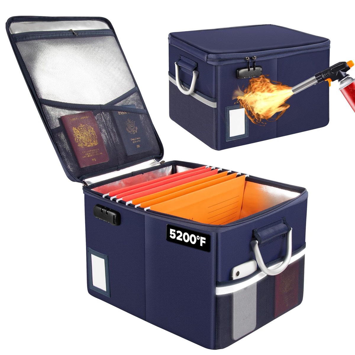 TOMKID 5200°F Fireproof Document Box, Fire Important Document Organizer with Lock, Upgraded Heat Insulated Filing Storage Cabinet Office Organization (5200°F Fireproof Box, Blue)