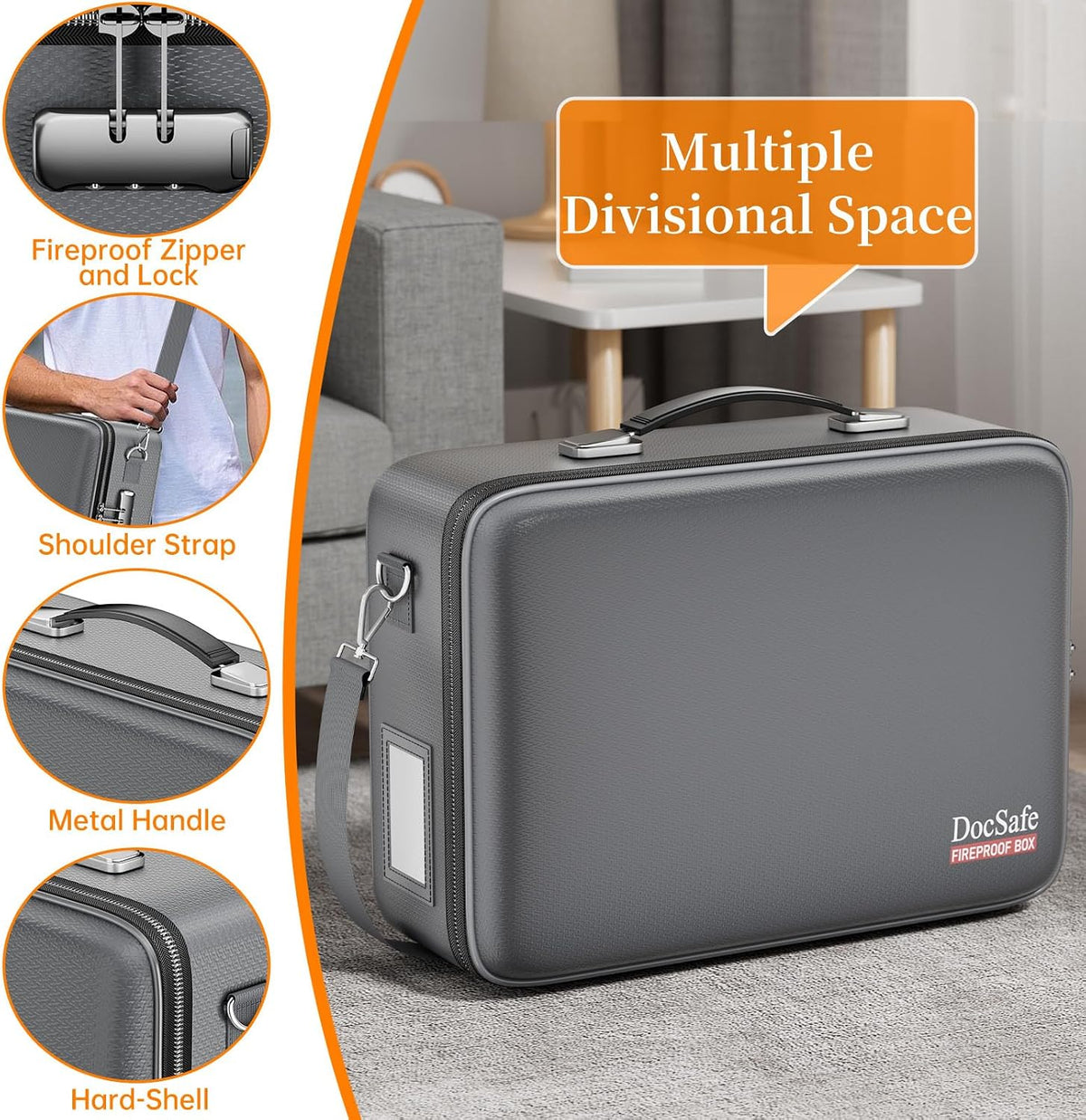 DocSafe Fireproof Document Box Hard Case with Lock ＆ Accordion File Folder
