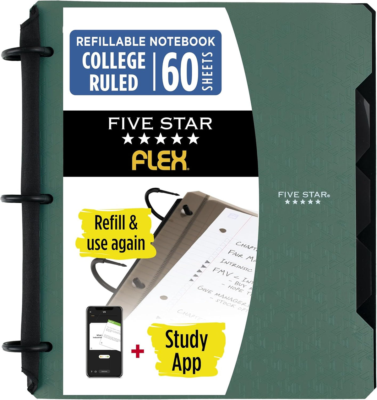 Five Star Flex Refillable Notebook + Study App, College Ruled Paper and 1 Inch TechLock Ring Binder with Pockets, Tabs and Dividers, 200 Sheet Capacity, Seaglass Green (293280AQ8)