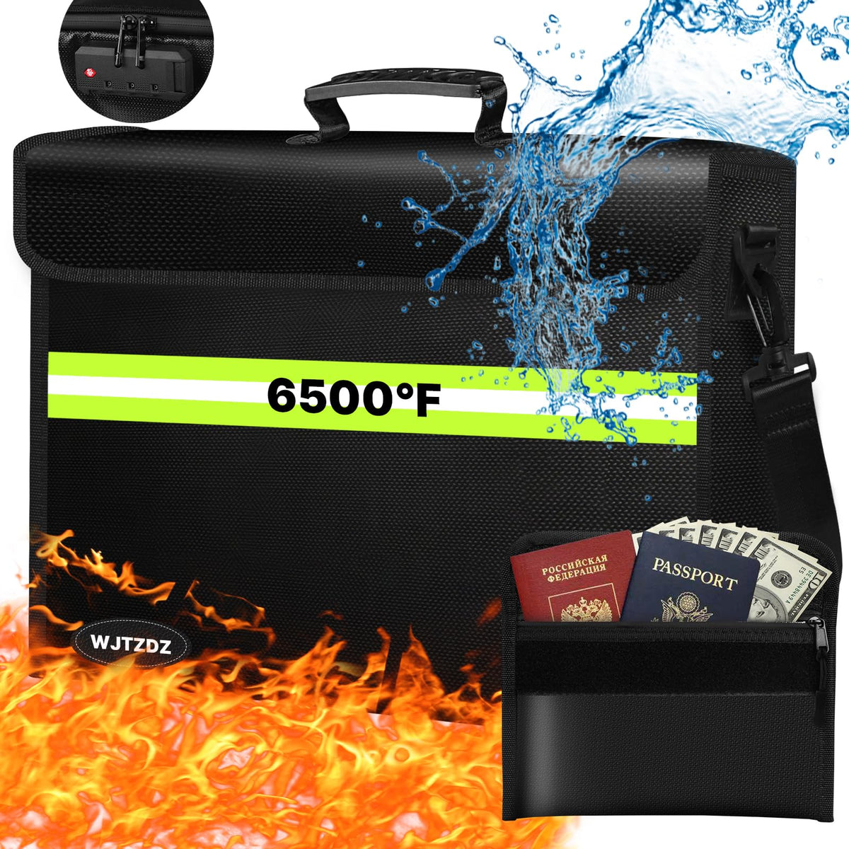 6500°F Fireproof Document Bag with Lock-Fireproof Box with 10 Layers Insulation Materials&Waterproof Zipper,Removable Wallet,Reflective Strip for Cash,Documents,Jewelry(14.2”x 9.6”x 4.1”)