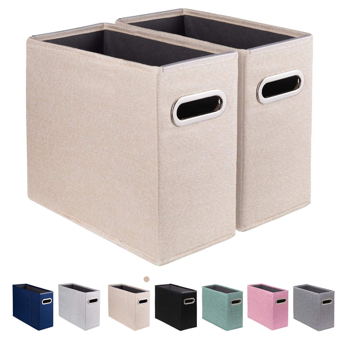 4 Pack Letter Size File Storage Box Collapsible, Fabric Hanging File Folders Organizer, Portable Office Document Holder with Metal Handle, Smooth PVC Rails, Beige