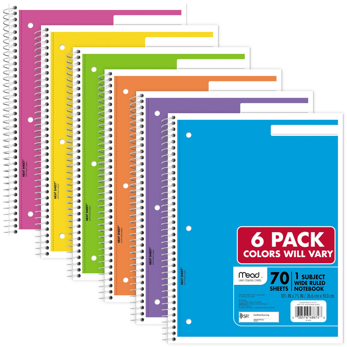 Mead Spiral Notebook, 6 Pack, 1 Subject, Wide Ruled Paper, 7-1/2" x 10-1/2", 70 Sheets per Notebook, Assorted Pastel Colors (930050-ECM)