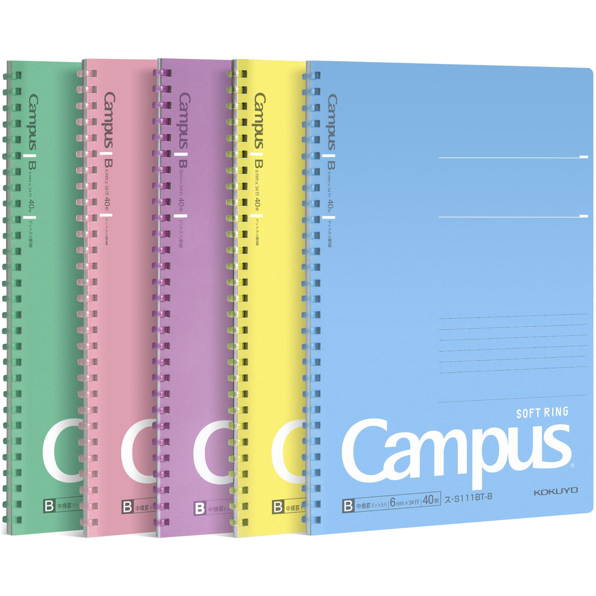 KOKUYO Spiral Lined Notebook, 5 Pack 8.3'' x 5.8'' Pastel Journal A5 Campus Soft Ring Notebooks with Dot 6 mm Ruled, 50 Sheets, 1 Subject Notebook, Note Taking for School (SU-S131BT)