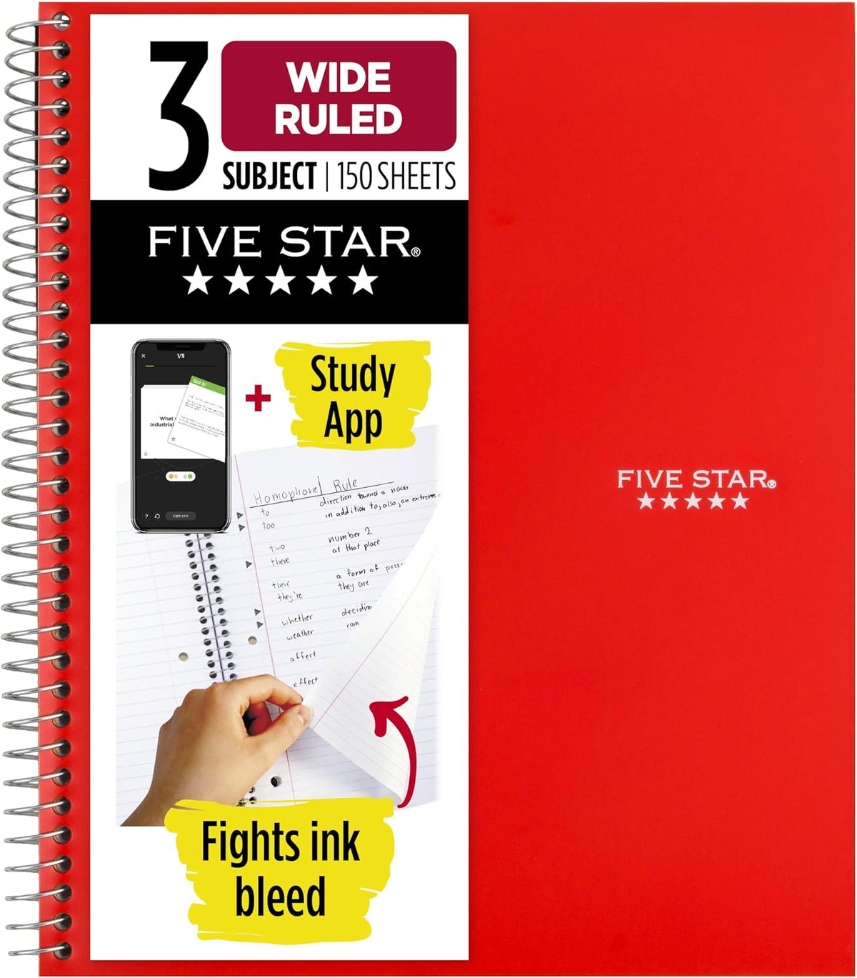 Five Star Spiral Notebook + Study App, 3 Subject, Wide Ruled Paper, 10-1/2" x 8", 150 Sheets, Red (72029)