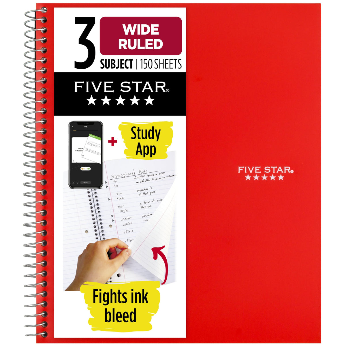 Five Star Spiral Notebook + Study App, 3 Subject, Wide Ruled Paper, 10-1/2" x 8", 150 Sheets, Red (72029)