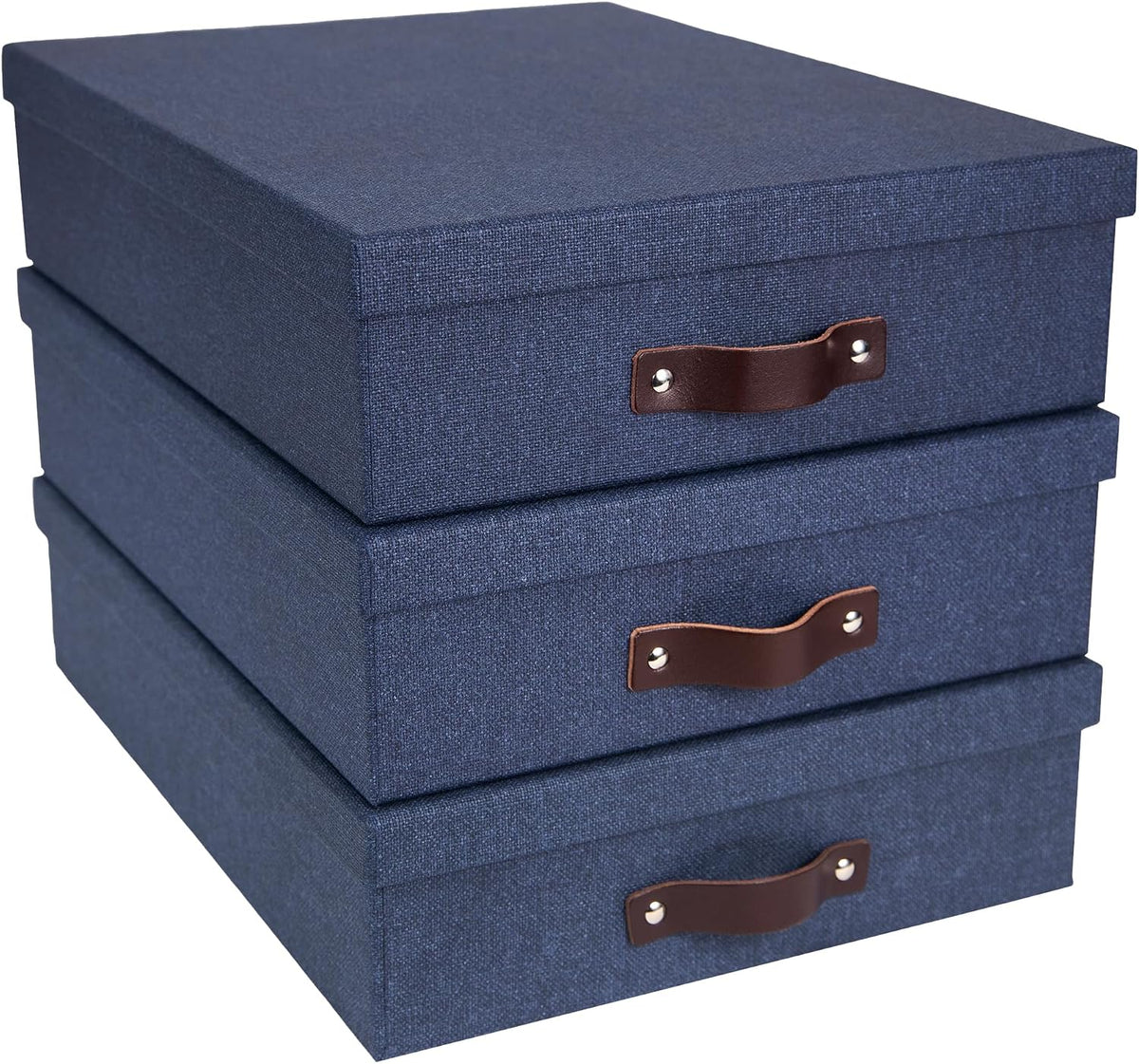 Bigso Oskar Canvas Fiberboard Document Letter Box - File Organizer Box for Important Paperwork - Document Storage with a Lid & Handle - 3.3 in x 10.2 in x 13.8 in - 3 Pack - Blue