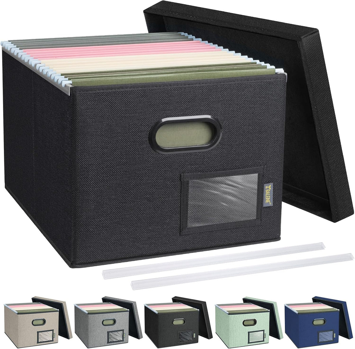 BALEINE File Organizer Box with Lid, Collapsible File Folder Organizer with Plastic Slide, Filing Box for Office Home Document Organizer Storage (Black, 1PK)