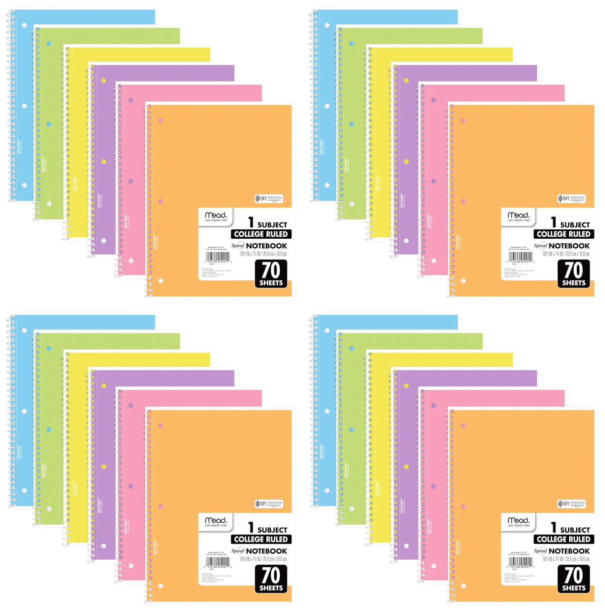 Mead Spiral Notebook, 6 Pack, 1 Subject, College Ruled Paper, 7-1/2" x 10-1/2", 70 Sheets per Notebook, Assorted Pastel Colors (830049)