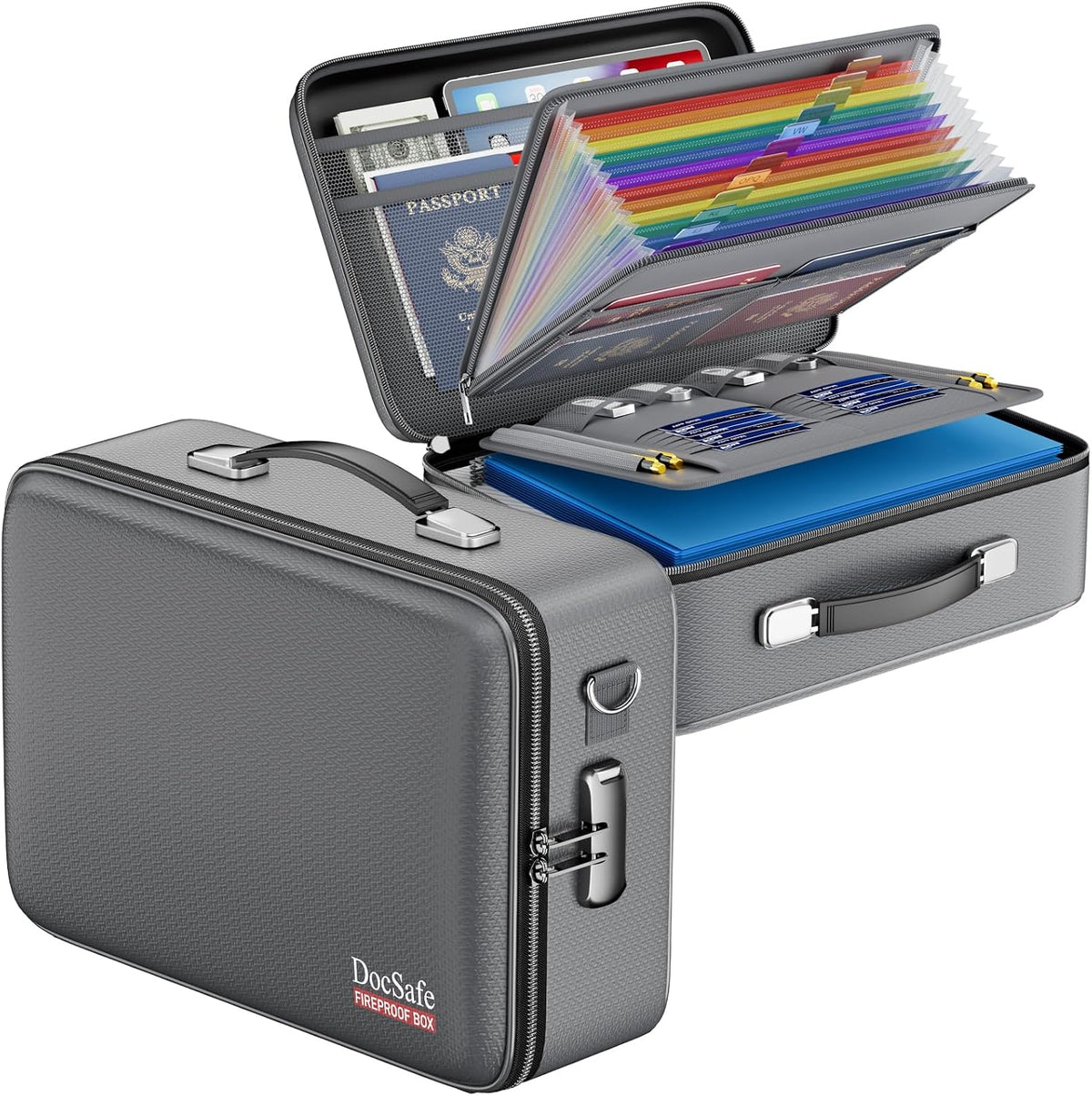 DocSafe Fireproof Document Box Hard Case with Lock ＆ Accordion File Folder