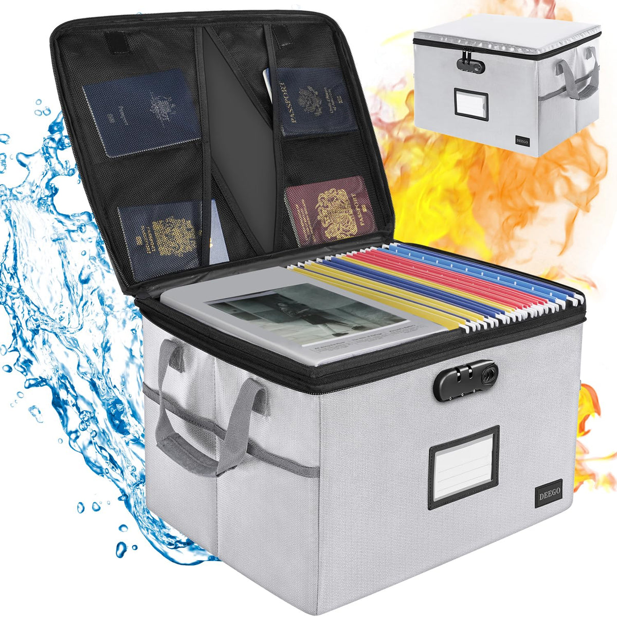 DEEGO Fireproof Document Box, Water-Resistant File Organizer Box with Lock