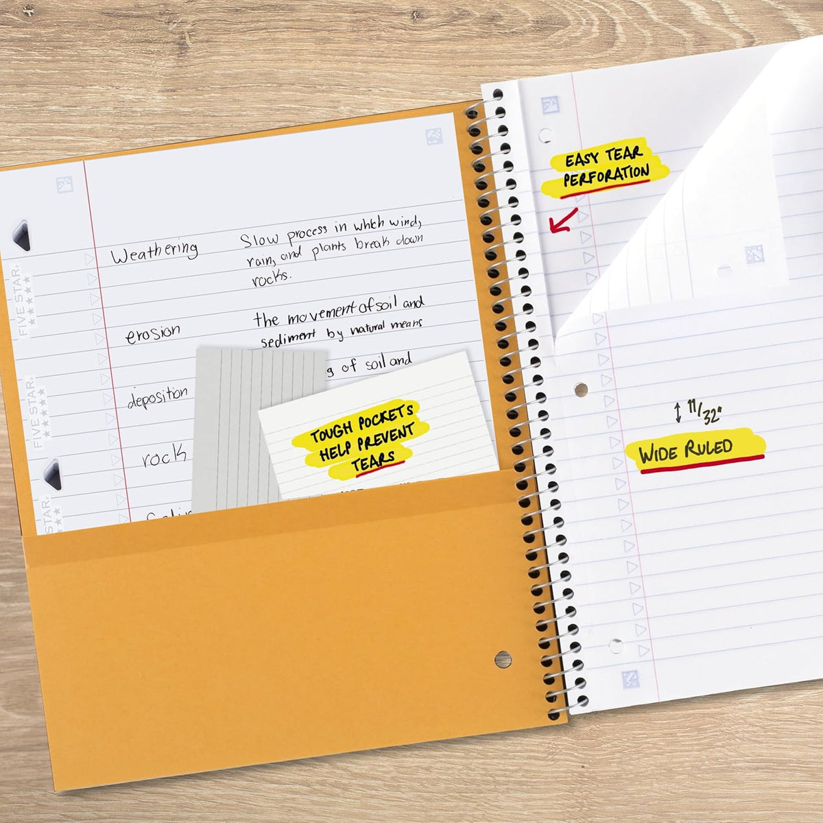 Five Star Spiral Notebook + Study App, 3 Subject, Wide Ruled Paper, 8" x 10-1/2", 150 Sheets, Fights Ink Bleed, Water Resistant Cover, Tidewater Blue (73184)