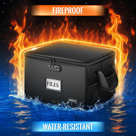 DEEGO Fireproof Document Box, Water-Resistant File Organizer Box with Lock