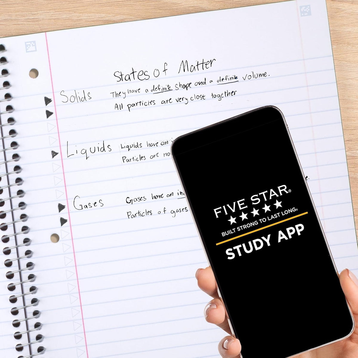 Five Star Spiral Notebook + Study App, 3 Subject, Wide Ruled Paper, 10-1/2" x 8", 150 Sheets, Red (72029)