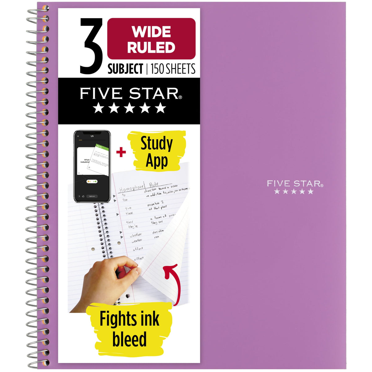 Five Star Spiral Notebook + Study App, 3 Subject, Wide Ruled Paper, 10-1/2" x 8", 150 Sheets, Red (72029)