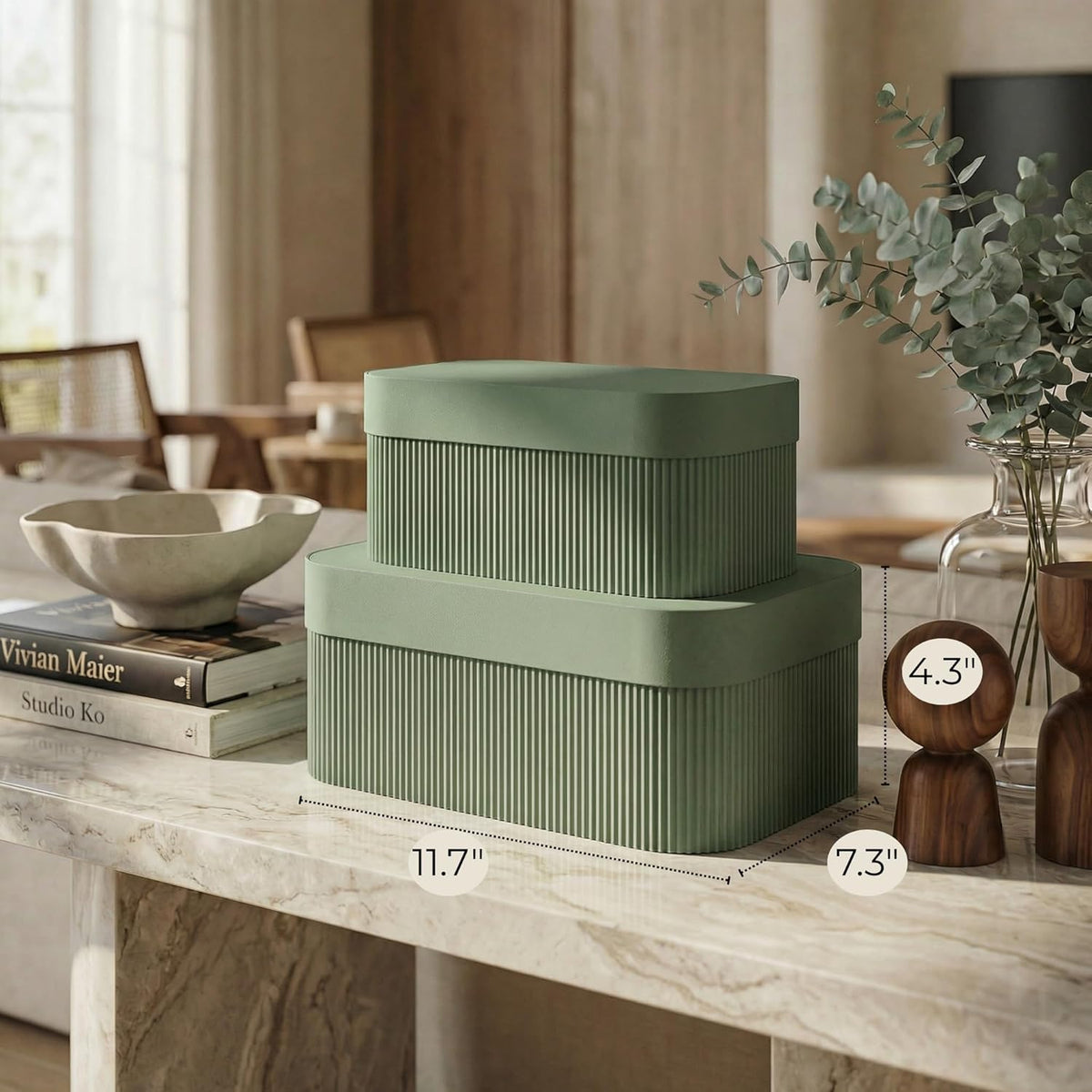 Decorative Storage Boxes with Lids - Set of 2 Fluted Photo Organizer Bins