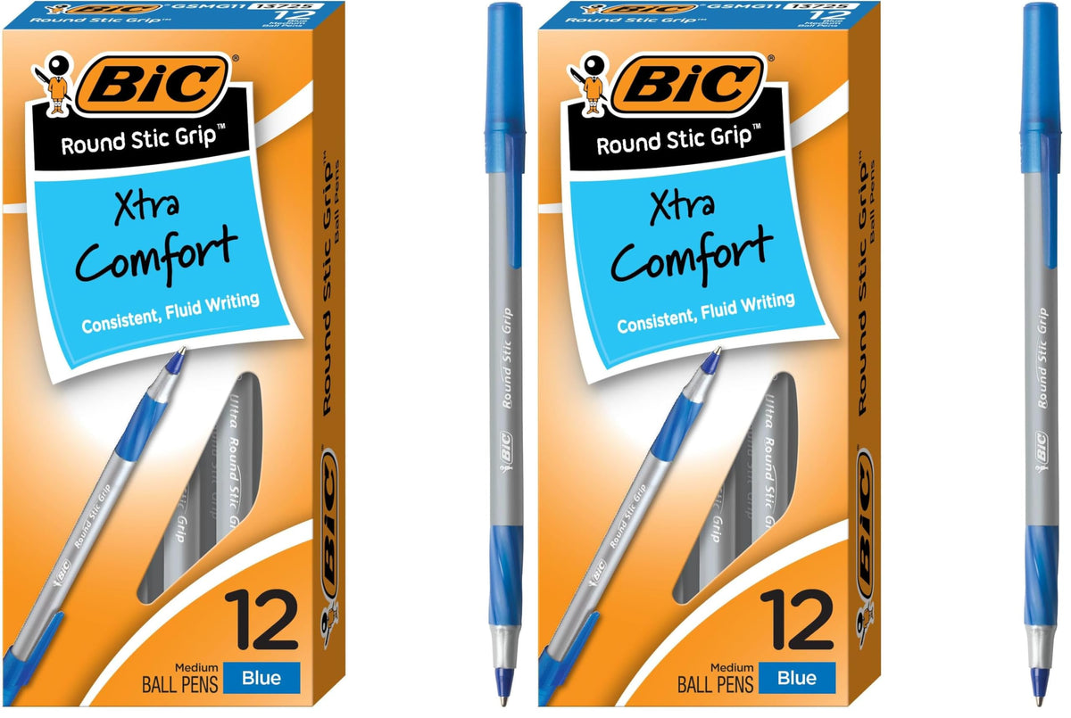 BIC Round Stic Grip Xtra Comfort Black Ballpoint Pens, 12-Count Pack