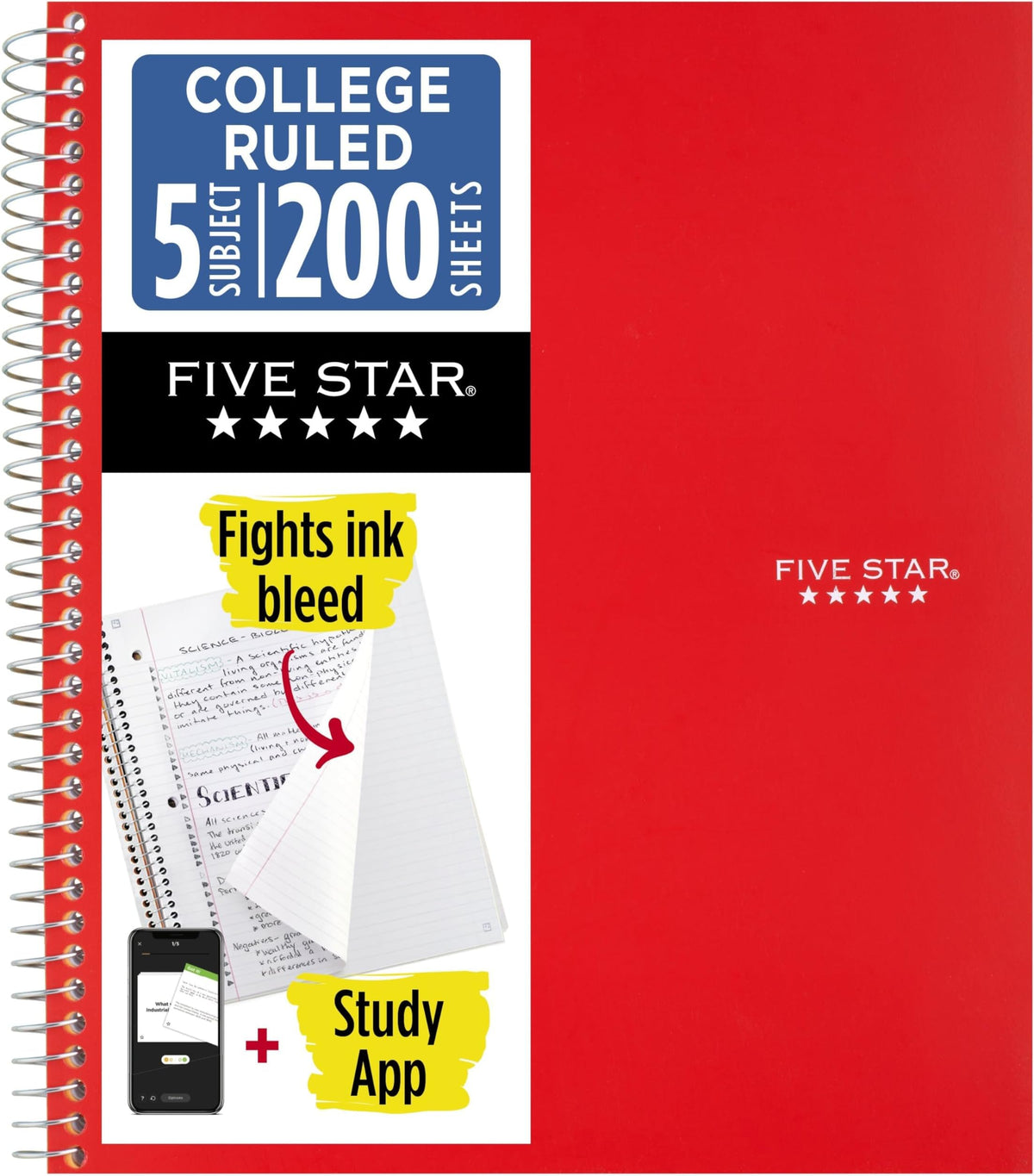 Five Star Spiral Notebook + Study App, 5 Subject, College Ruled Paper, 8-1/2" x 11", 200 Sheets, Fights Ink Bleed, Water Resistant Cover, Pacific Blue (73635)