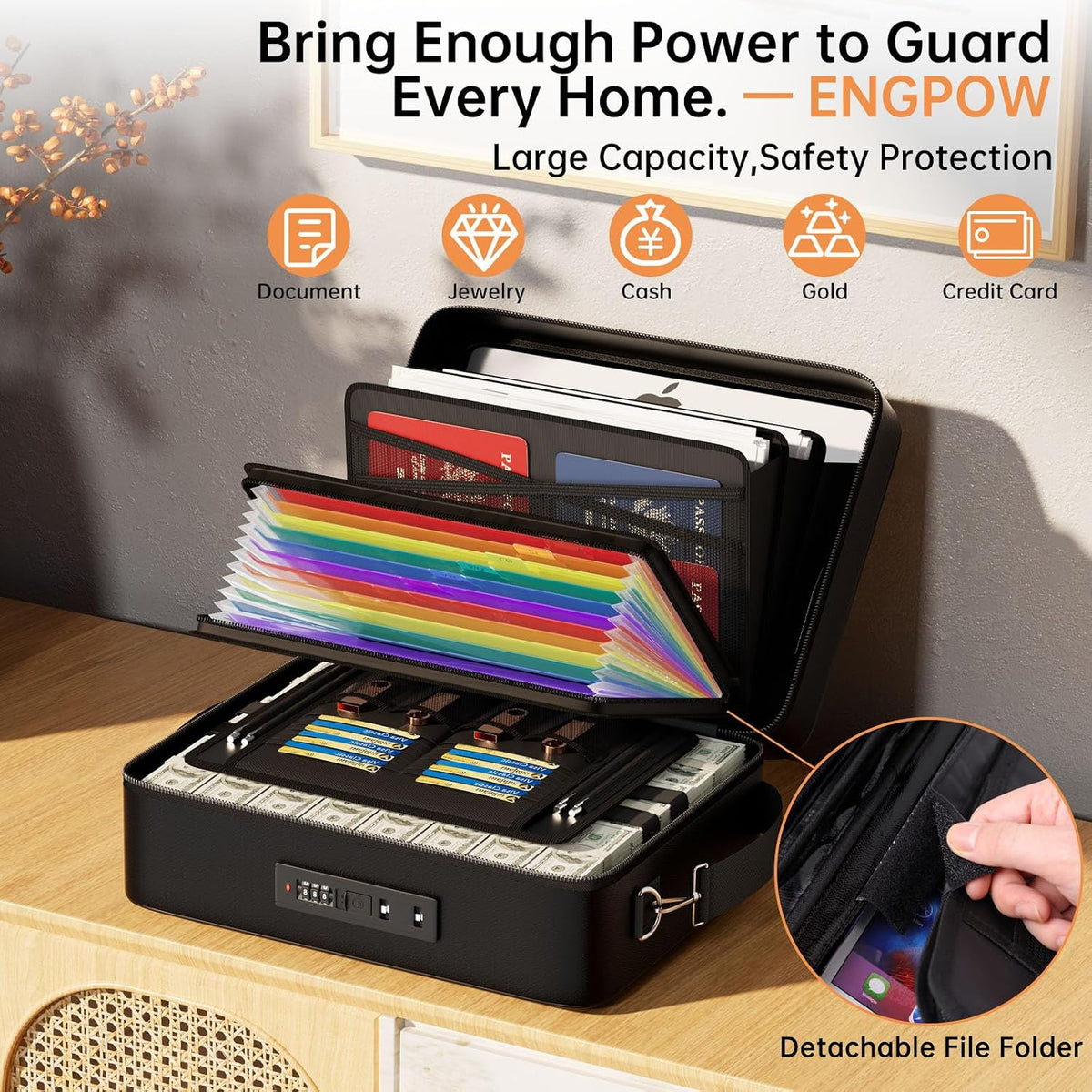 ENGPOW Fireproof Document Box with Lock & 13 Pockets Accordion File Folder