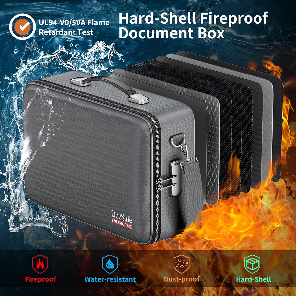 DocSafe Fireproof Document Box Hard Case with Lock ＆ Accordion File Folder